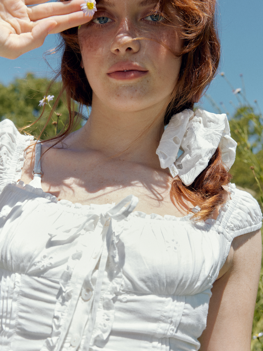 White Floral Embroidered Cotton Scrunchie