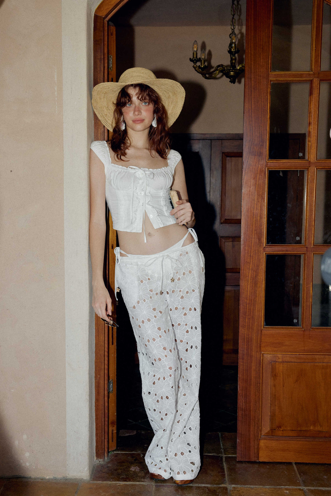 White Floral Embroidered Cotton Trousers