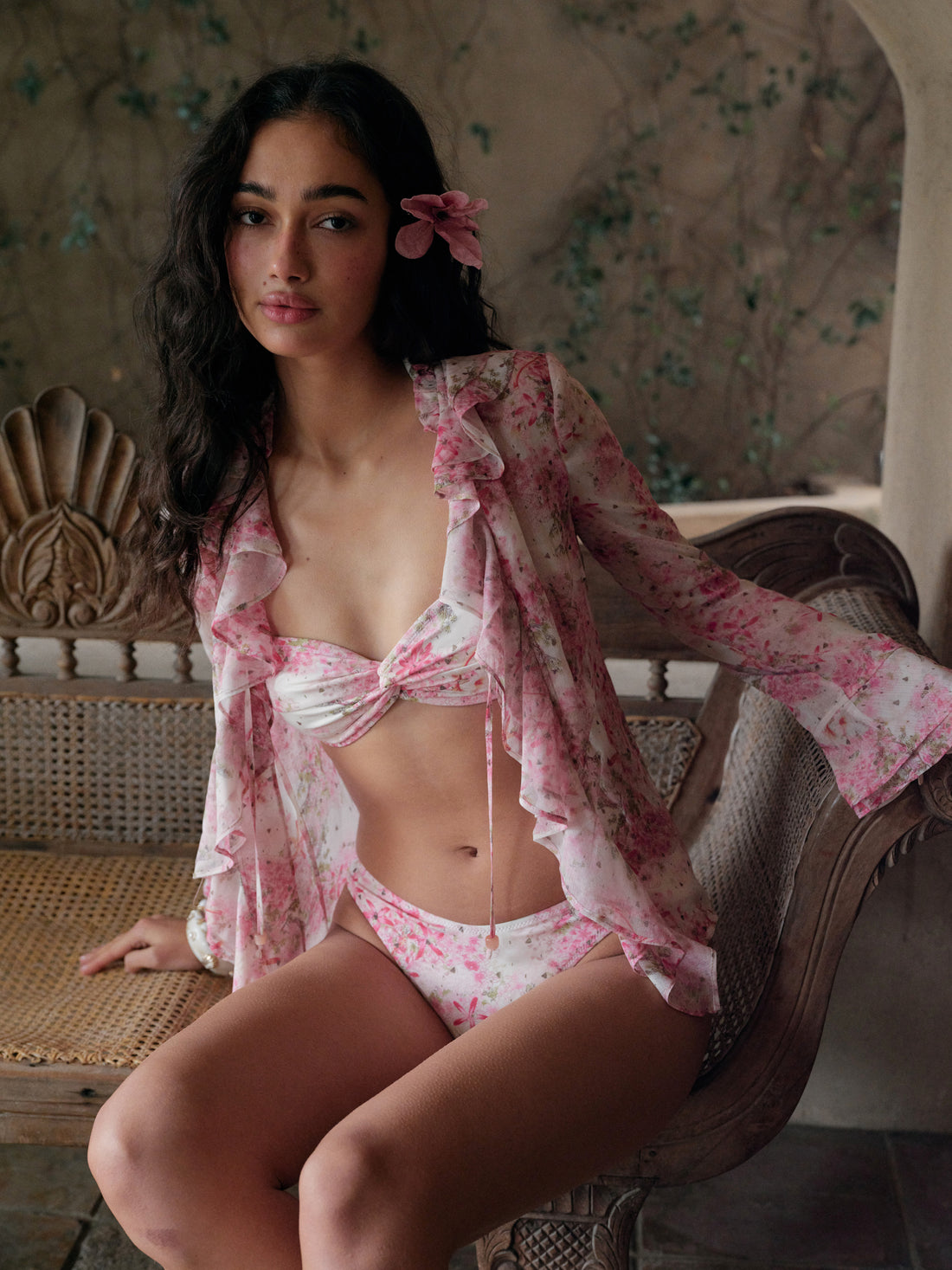 Rose Pink Floral Ruffle Chiffon Blouse