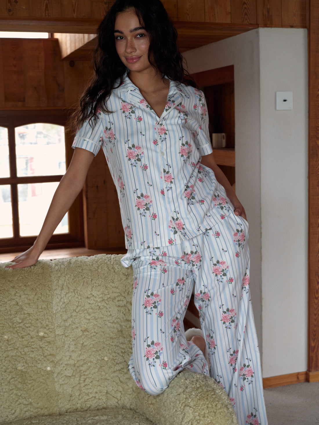 Light Blue Striped Floral Bamboo Viscose Pajama Set