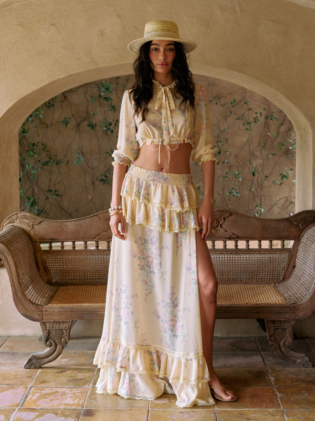 Buttercream Floral Chiffon Tie-Neck Cropped Blouse