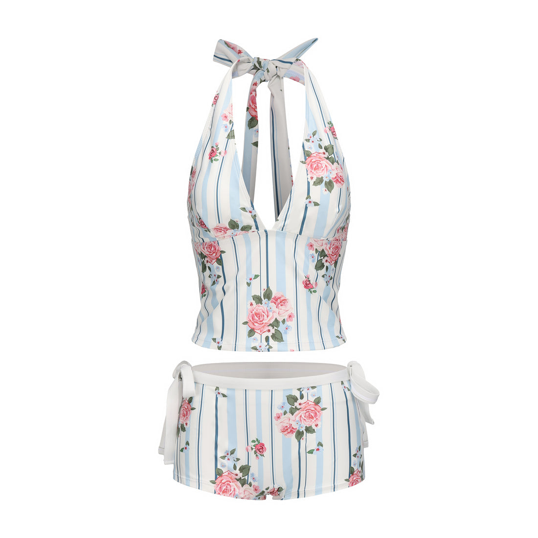 Light Blue Striped Floral Print Swim Set